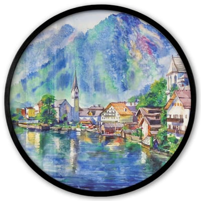Poster in lijst Rond - Fotolijst 40x40 cm - Posters - Schilderij - Olieverf - Huis - Bergen - Water - Ronde posterlijst zwart - Decoratie - Wanddecoratie woonkamer - Muurdecoratie slaapkamer