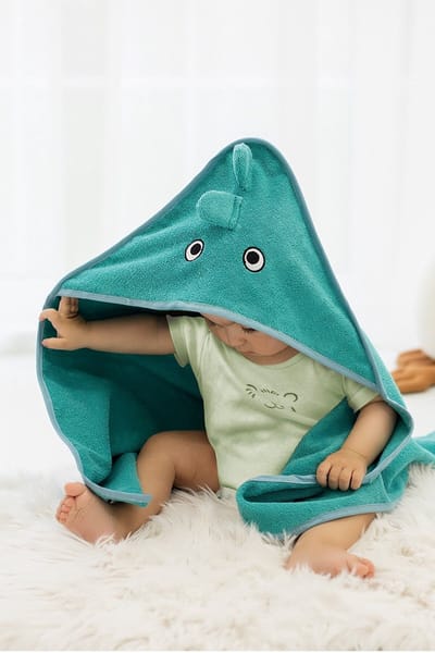 SNS Baby | 100% Katoen | Baby Inbakerdoek | Dino | 75 x 75cm | Knuffelig & Absorberend | Baby Handdoek met Cap | Baby Badhanddoek | Badhanddoek | Babyhanddoek | Voorgestelde Handdoek