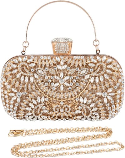 Avondtas Dames - Clutch Tas - Feestelijke Gelegenheden - Glanzende Strass Versiering - 19x6x12.5 cm - Goud