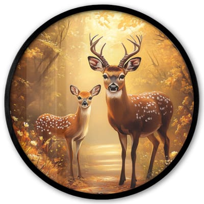 Poster in lijst Rond - Fotolijst 40x40 cm - Posters - Herfst - Bos - Herten - Bosdieren - Natuur - Bruin - Ronde posterlijst zwart - Decoratie - Wanddecoratie woonkamer - Muurdecoratie slaapkamer