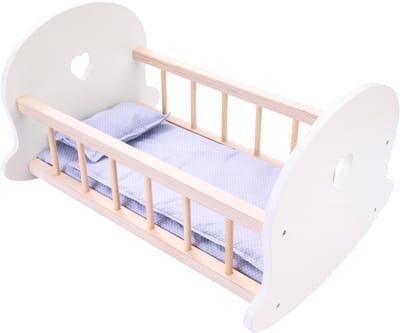 Poppen Wieg - Poppenbedje Houten - Rollenspel - Inclusief Beddengoed - 50 x 36 x 28 cm - Grijs Wit