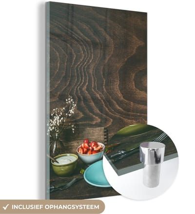MuchoWow® Glasschilderij 120x180 cm - Schilderij acrylglas - Rustiek - Fruit - Keukengerei - Aardbei - Foto op glas - Schilderijen