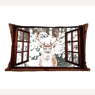 Sierkussens - Kussentjes Woonkamer - 60x40 cm - Hert - Sneeuw - Winter - Bos - Dieren - Doorkijk
