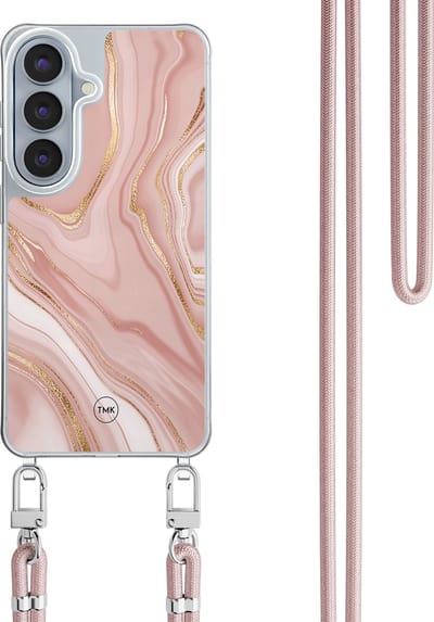 Telefoonhoesje met koord geschikt voor Samsung S26 - Rose marble - Inclusief koord - Transparant, Multi - - Crossbody beschermhoes - Met Telefoonketting