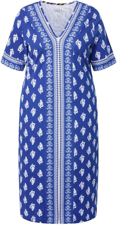 Ulla Popken - Dames - Midi-jurk etnisch patroon V-hals korte mouwen - Koningsblauw - Maat 50+