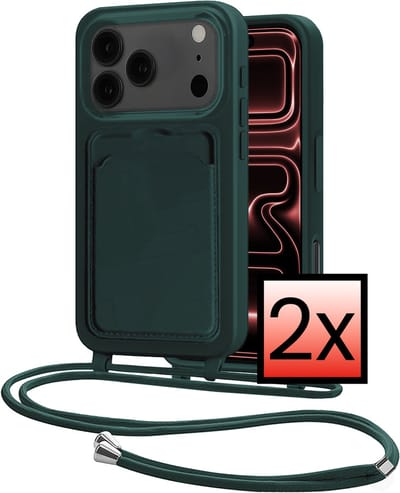 Hoes Geschikt voor iPhone 17 Pro Max Hoesje Pasjeshouder Cover Met Koord Case Siliconen Hoes Met Telefoonkoord en Kaarthouder - Donkergroen - 2 PACK