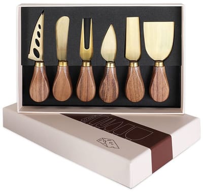ZYLARO Premium Kaasmessen Set 6-Delige - Kaasmesjes Roestvrijstaal - Acaciahouten handvat - Goud