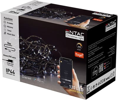 Entac Smart LED Lichtsnoer Kerst 9m - Bestuurbaar met App - Dimbaar - Kerstverlichting voor Buiten en Binnen - Warm Wit Licht