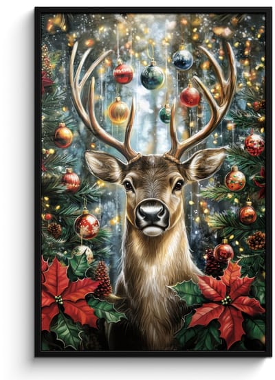 Poster in lijst - Fotolijst 80x120 cm - Posters - Kerstfeest - Dennenbos - Rood - Posterlijst zwart - Decoratie - Wanddecoratie woonkamer - Muurdecoratie slaapkamer - Kerstversiering - Kerstdecoratie voor binnen - Kerstmis