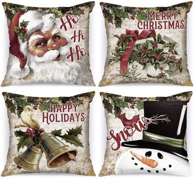 Set van 4 Kerst Kussenslopen 50x50 cm - Sneeuwpop en Kerstman Thema Decoratie