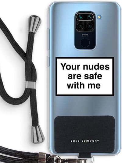 Case Company® - Hoesje met koord geschikt voor Xiaomi Redmi Note 9 hoesje met Koord - Safe with me - Telefoonhoesje met Zwart Koord - Bescherming aan alle Kanten en Over de Schermrand
