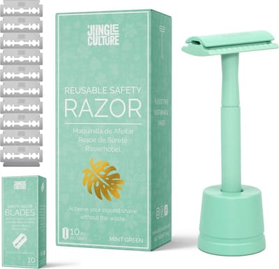 Jungle Culture® metalen veiligheidsscheermes voor vrouwen in groen • Herbruikbaar scheermes en standaard • Reistas • Geschikt voor scheermesjes met dubbele rand • Eco-vriendelijk scheermes voor heren en dames voor lichaam en gezicht • Geen afval
