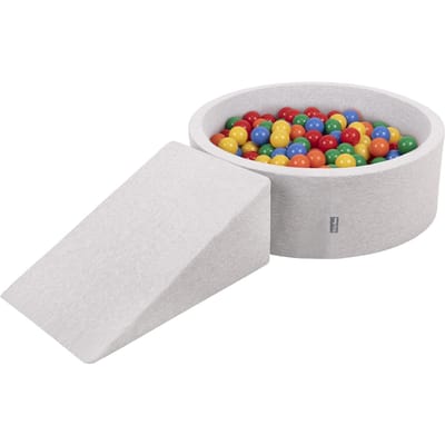 KiddyMoon Speeltoestel met Ramp Ballenbad - 7cm 200 Ballen - Ballenbak ballen voor baby's - Ballenbak voor kinderen - Hindernisbanen - Speelbad - Lichtgrijs: Geel Groen Blauw Rood Oranje