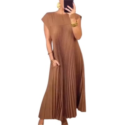 Lichtgewicht Zomerjurk Elegante Maxi-jurk met Zijzakken voor Dames Ademende A-lijn Zomerjurk voor Vakantie Strand Effen S donkerbruine kleur