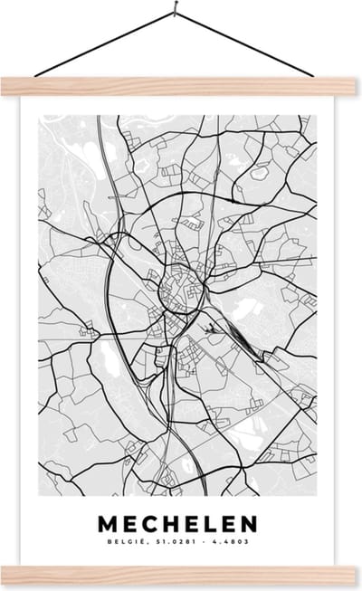 Posterhanger incl. Poster 40x60 cm - Schoolplaat - Zwart Wit – België – Plattegrond – Stadskaart – Kaart – Mechelen - Textielposter - Blanke latten - Stadskaart