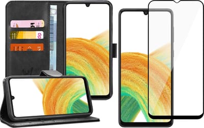 Hoesje geschikt voor Samsung Galaxy A33 - Book Case Kunstleer Wallet Cover Portemonnee Pasjeshouder Hoes Zwart - Full Tempered Glass Screenprotector