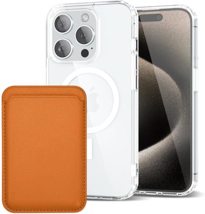 Shockproof Anti Shock Back Cover Hoesje Compatibel met MagSafe Geschikt voor: Apple iPhone 15 Pro Max met Magnetische Pasjeshouder - Lichtbruin