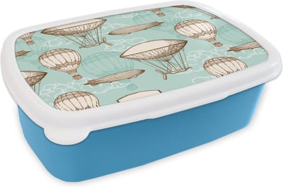 Broodtrommel Blauw - Lunchbox - Brooddoos - Vintage - Luchtballon - Kinderen - Patronen - 18x12x6 cm - Kinderen - Jongen