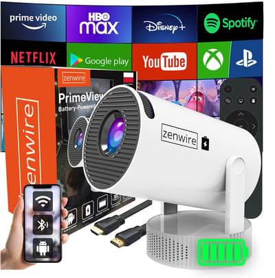 Zenwire K400 Draagbare Mini Beamer met Accu - 1024x600p met Full HD Support - Tot 2 Uur Accuduur - Android Smart TV - WiFi 6 - Bluetooth