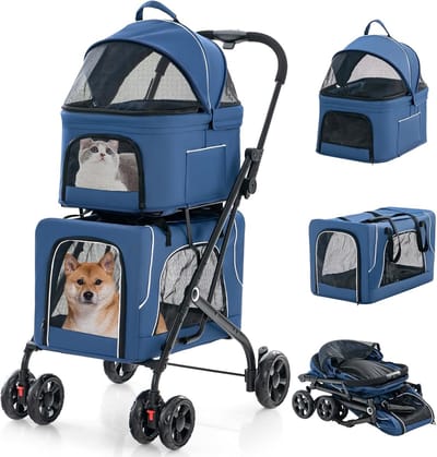 Huisdierenbuggy - Reiswagen - Comfortabel Vervoer - Twee Afneembare Vakken - Tot 30 kg - Blauw