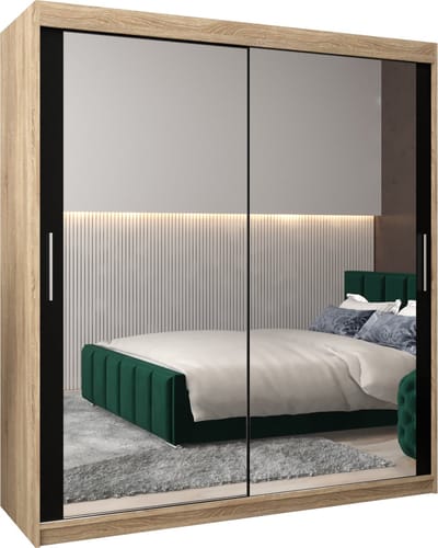 InspireMe - Kledingkast met 2 schuifdeuren, Modern-stijl, Kledingkast met planken (BxHxD): 180x200x62 - TORM III 180 Sonoma Eik + Zwart Mat