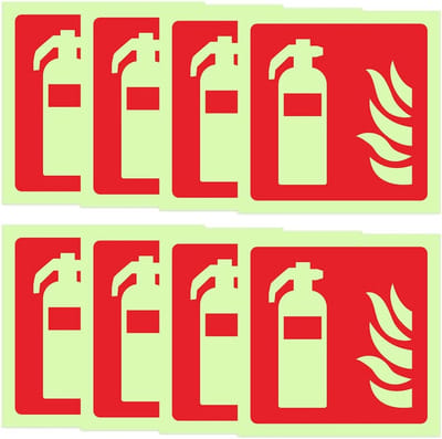 Set van 8 Brandblusser Borden - Fotoluminescent Sticker voor Huis, Auto en Kantoor - DIN EN ISO 7010 Veiligheidsmarkering