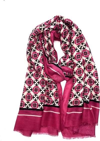 Lange dames sjaal Ilonka gebloemd motief fuchsia roze donkerroze wit goud zwart