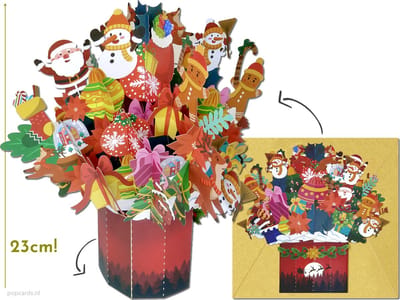 Popcards pop-up kaart - Kerstkaart - Vrijstaande kerst kaart met een boeket vol kerstsymbolen. Sneeuwpoppen, cadeautjes, kerststerren, kerstballen, kerstpoppen, kerstman, zo veel! In gedecoreerde kerstvaas pop-up kaarten 3D wenskaart