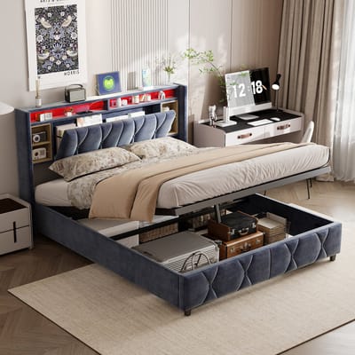 Opbergbed 160x200 met LED & USB – Fluwelen Bedframe Grijs – Hoofdbord met Opbergvakken & Verborgen Opbergruimte – Bed met Liftfunctie
