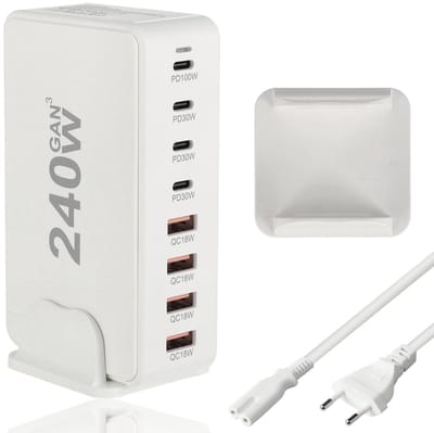 USB-C Snellader 240W – 8-Poorts GaN III Oplader (PD100W + 3x PD30W + 4x QC18W) – Snelle Lader voor Laptop, Smartphone en Tablet