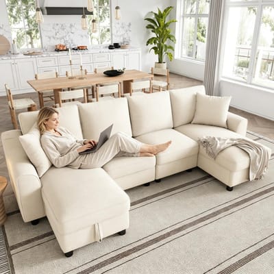 OKWISH U-Bank 280 x 137 cm - Met Opbergruimte En 2 Kussens - Voor Woonkamer - Chenille - Beige