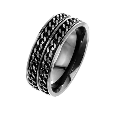 Anxiety Ring - (Dubbele Ketting) - Stress Ring - Fidget Ring - Anxiety Ring For Finger - Draaibare Ring - Spinning Ring - Vol Zwart kleurig RVS - (17.50 mm / maat 55)