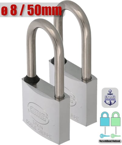 AMIG Hangslot RVS 316 Ø8/50mm Hoge Beugel Met Sleutel Buiten - Marine - 2 Stuks