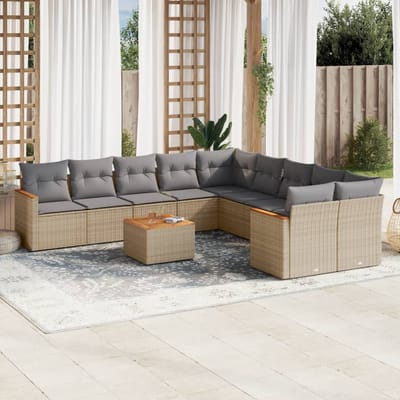vidaXL - 11-delige - Loungeset - met - kussens - poly - rattan - gemengd - beige