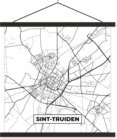 Posterhanger incl. Poster 60x60 cm - Schoolplaat - Stadskaart – Plattegrond – België – Zwart Wit – Sint Truiden – Kaart - Textielposter - Zwarte latten - Stadskaart