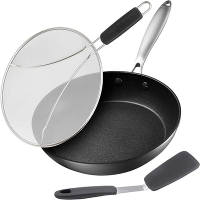 Koekenpan met Spatscherm - Antiaanbakpan Omeletpan - Koken zonder Kliederen - Efficiënte Spatbescherming - 25 cm - Roestvrij staal Zwart