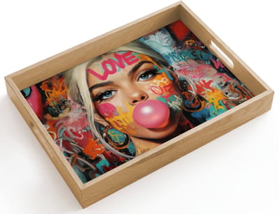 Dienblad hout 40x30 cm - Schootdienblad - Vrouw - Kauwgom - Graffiti - Love - Borrelplank rechthoek - Plateau dienbladen