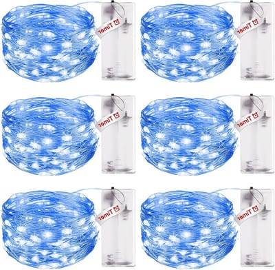 Accu Aangedreven Sfeerverlichting met Timer - 3 m, 30 LED's, Waterdicht, Koper Draad, Ideaal voor Feesten, Kerst en Bruiloften, Blauw, Set van 6
