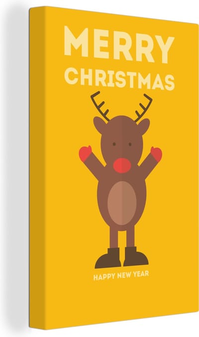 Canvas Schilderij Kerst - Quotes - Illustratie - Rendier - Merry Christmas - Geel - 90x140 cm - Wanddecoratie