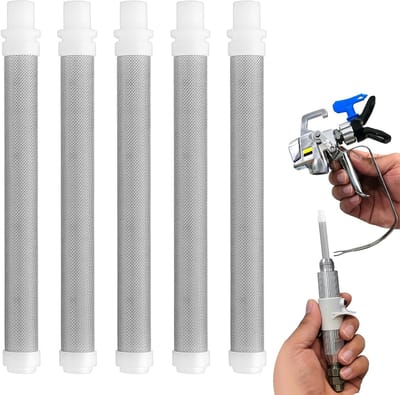 Set van 5 luchtloze spuitpistool filters met 60 mesh, roestvrijstalen fijne mesh voor optimale verfspuitresultaten, geschikt voor airless spuiten en verfprojecten, 100 mm diameter