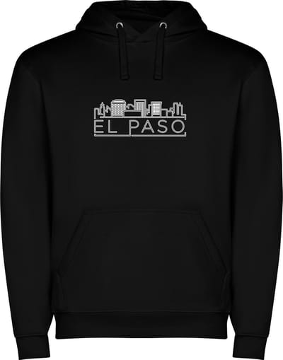 Zwarte unisex hoodie met “ Sky Line El Paso Texas – Vakantiegevoel – Strak – Modern “ Print Full Color merk Roly maat M