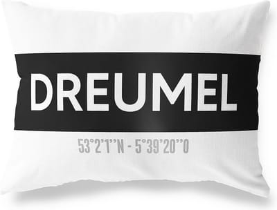 Tuinkussen DREUMEL - GELDERLAND met coördinaten - Buitenkussen - Bootkussen - Weerbestendig - Jouw Plaats - Studio216 - Modern - Zwart-Wit - 50x30cm