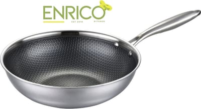 ENRICO - wokpan Ø30 - Roestvrij - Stalen Anti-Aanbakpan - PFAS en PTFE vrije wokpannen - Geschikt voor alle warmtebronnen, inclusief inductie - 30 cm