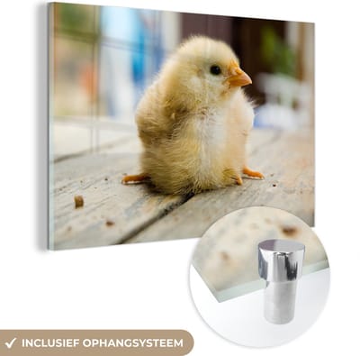 ® Glasschilderij 180x120 cm - Schilderij acrylglas - Schattig kuikentje op een houten tafel - Foto op glas - Muurdecoratie woonkamer - Wanddecoratie slaapkamer - Schilderijen
