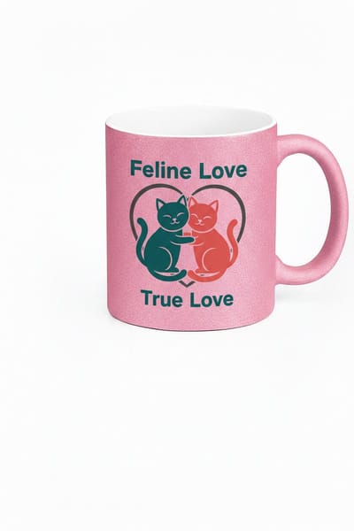 Liefdevolle Roze Glitter Mok met Katten | "Feline Love True Love" | Romantisch Cadeau voor Kattenliefhebbers & Valentijn