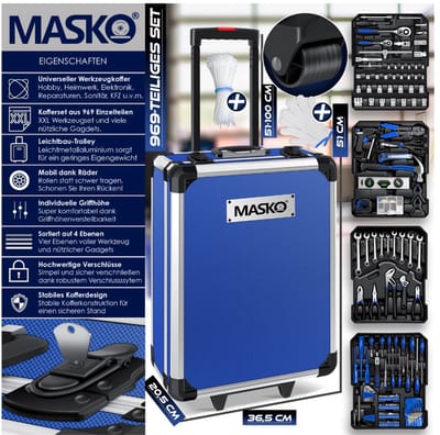MASKO® 969 delige gereedschapskoffer gereedschapskist gereedschapskist gereedschapswagen Professioneel 949 stukjes Kwaliteitsgereedschap.