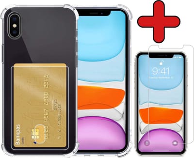 Hoesje - Geschikt voor Apple iPhone X - Met Screenprotector - Pashouder - Kaarthouder - Back Cover - Telefoon Hoes Shockproof - Siliconen Case - Shock Proof - Pasjes Houder - Telefoonhoes - Transparant