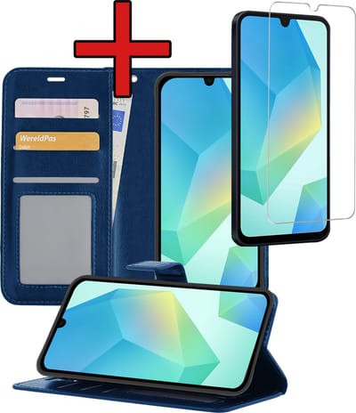 Hoesje - Met Screenprotector - Geschikt voor Samsung Galaxy A16 - Luxe Pasjeshouder - Flipcase - Bookcase Portemonee - Flip Case - Kunstleer Book Case - Book Cover - Walletcase - Portemonneehoes - Telefoonhoes - Donkerblauw