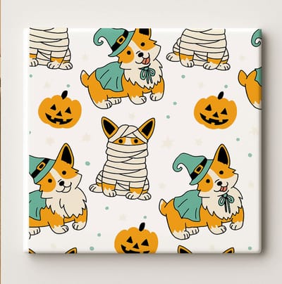 Keramische Halloween Tegel 15x15cm – Schattige Corgi in Heksen- en Mummie Kostuum Ontwerp – Grappige Pompoen Muurdecoratie voor Huis & Dierenvrienden