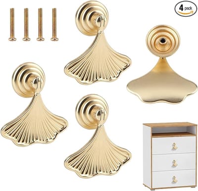 Kastgrepen – Set van 4 – Handgrepen voor kasten en lades – Ontwerp: Ginkgoblad – Diameter 5,7 cm – Art Deco-stijl – Geschikt voor keukens, badkamers en meubels – Montage met één gat – Elegante decoratieve grepen – Goud